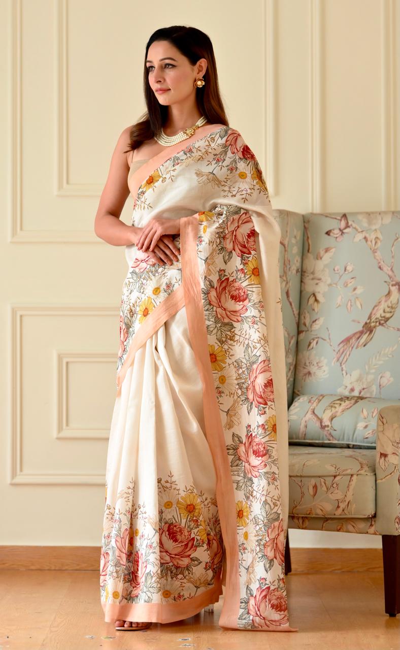 Elegant Floral Print Saree in Soft Fabric with Designer Drape