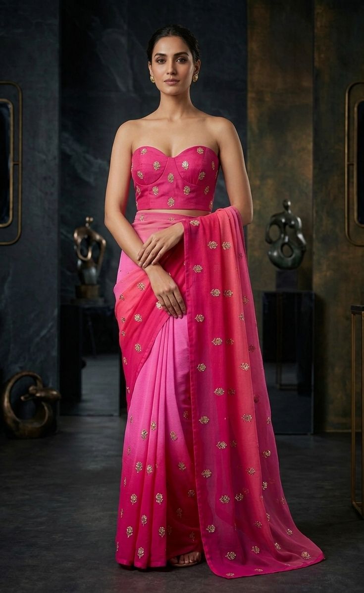 Ombre Pure Chinon Saree with Gota Work Embroidery