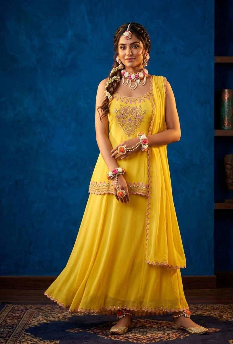 Luxury Yellow Georgette Sharara Suit with Mirror & Hand Embroidery
