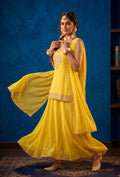 Luxury Yellow Georgette Sharara Suit with Mirror & Hand Embroidery