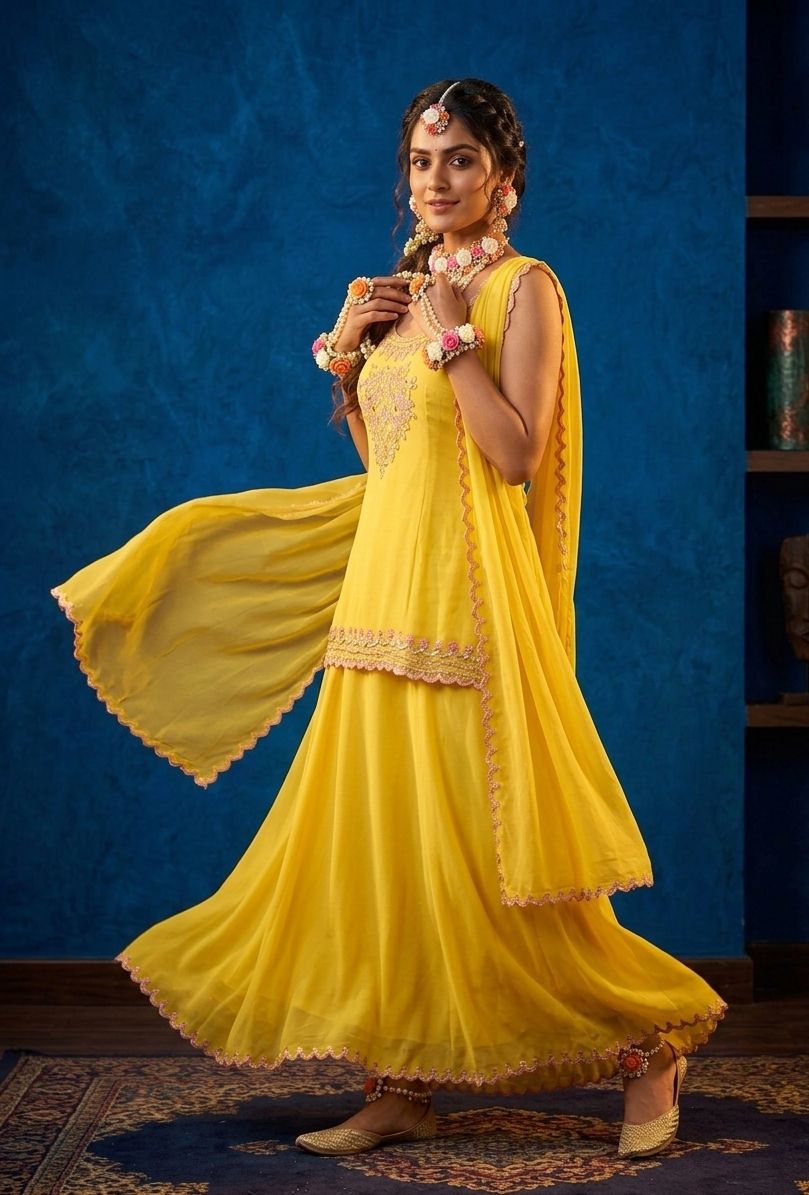 Luxury Yellow Georgette Sharara Suit with Mirror & Hand Embroidery