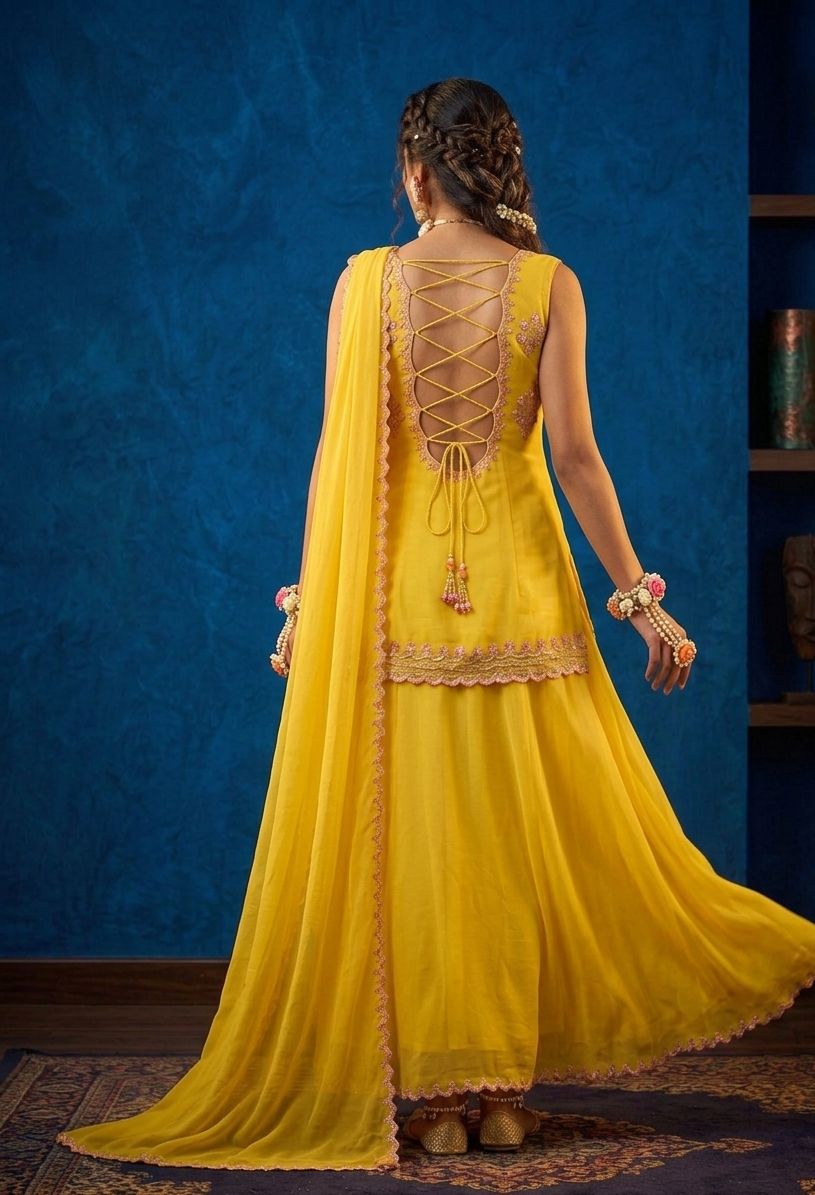 Luxury Yellow Georgette Sharara Suit with Mirror & Hand Embroidery