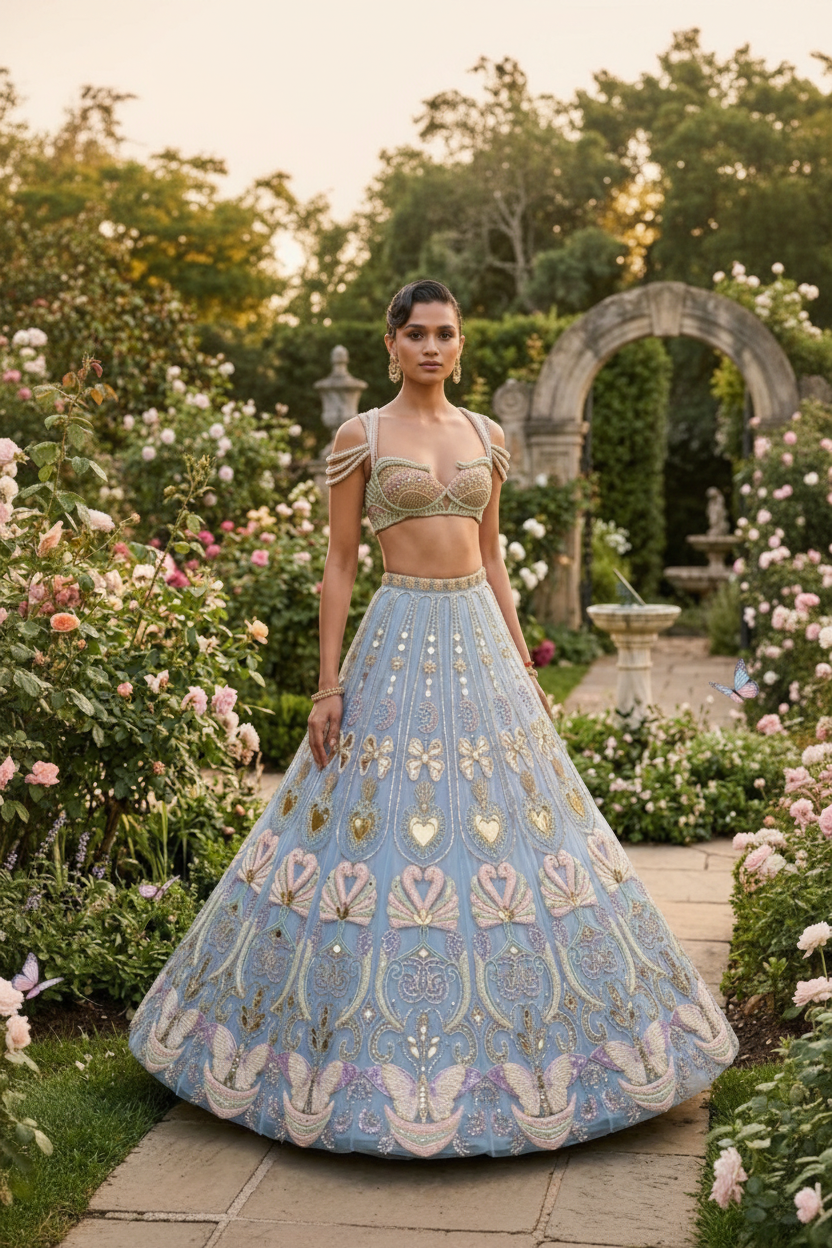 Swan Lehenga in Powder Blue