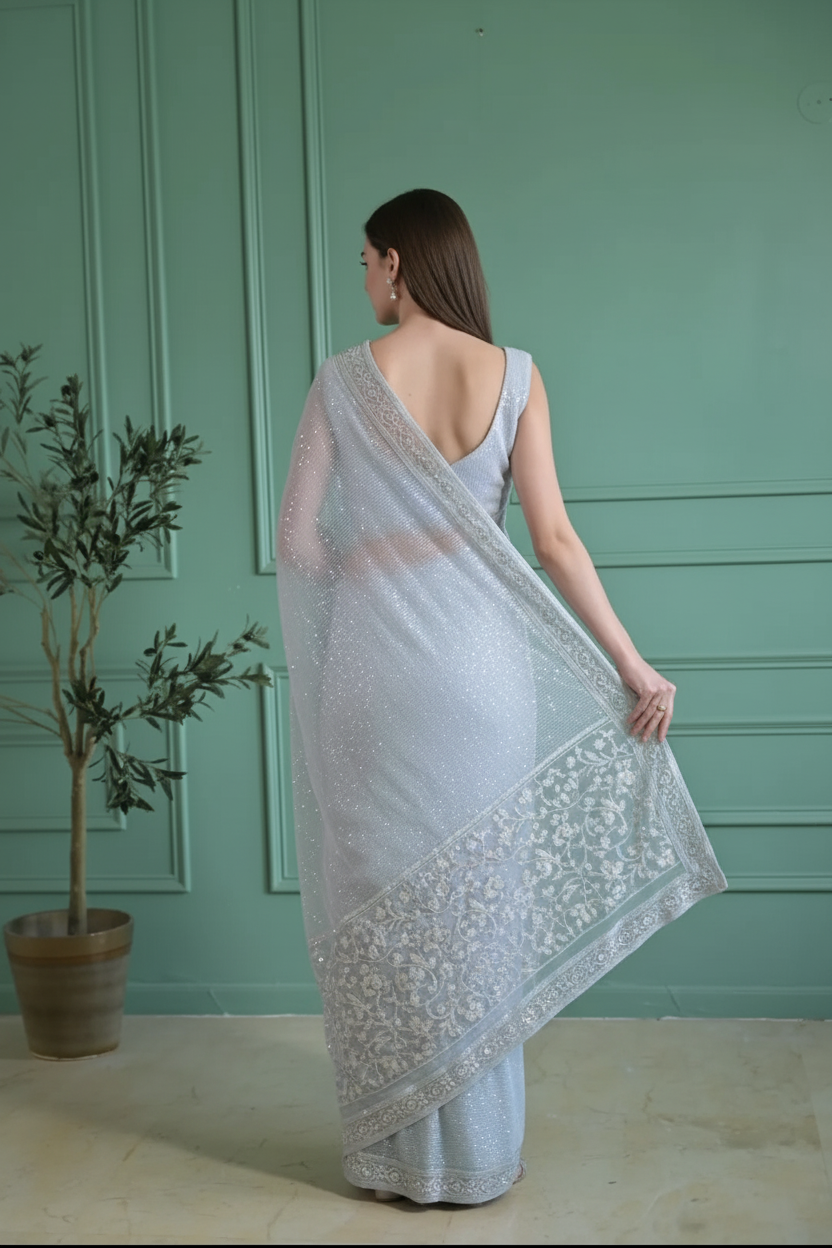 Elegant Silver Saree - Back View