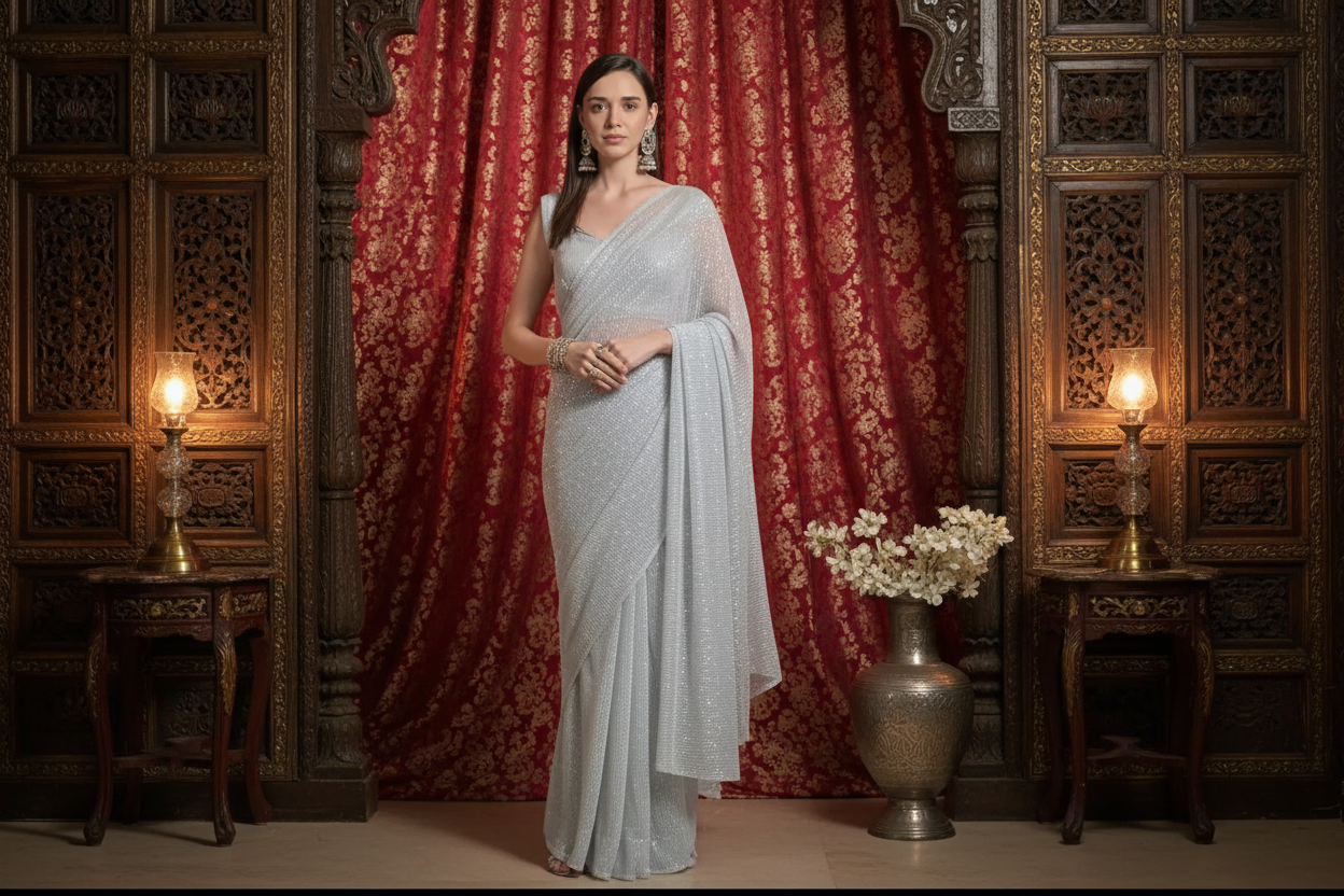Elegant Silver Saree in luxurious setting