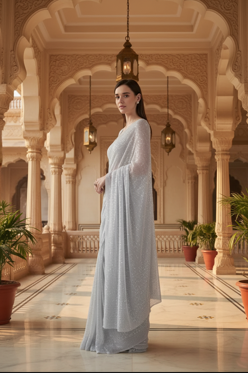 Elegant Silver Saree - Side Profile