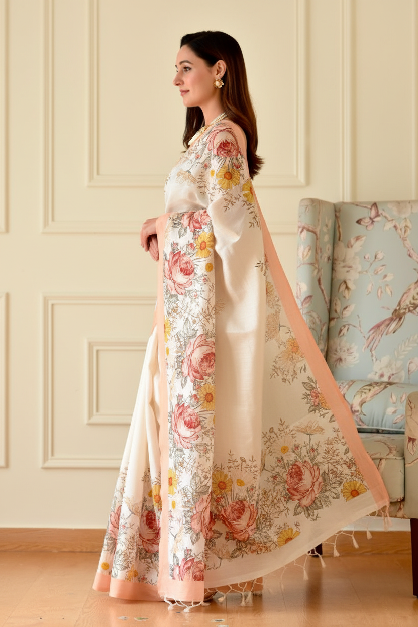 Floral printed saree - side profile