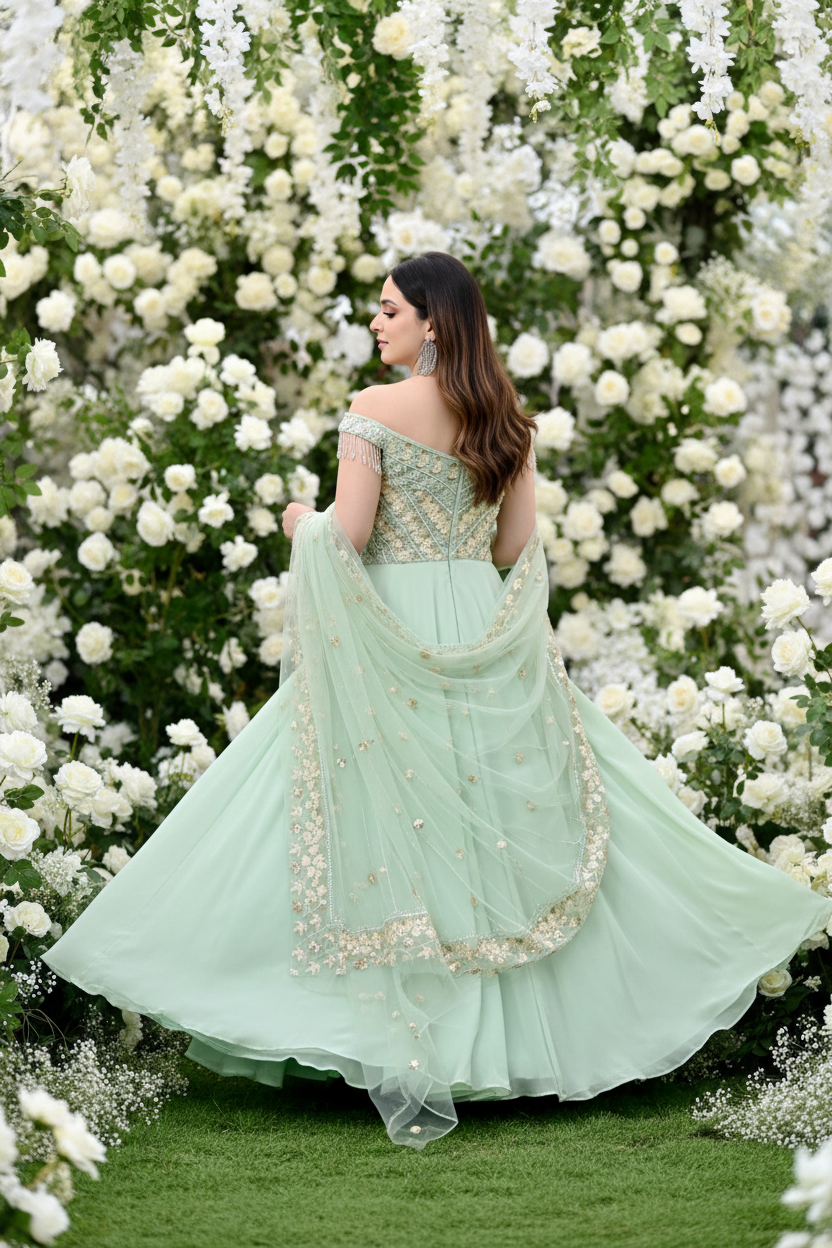 Mint green gown lehenga - back pose