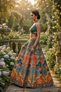 Teal orange floral lehenga - front pose