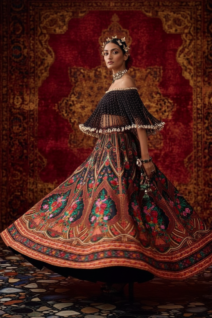 Dark floral fringe lehenga - twirl pose