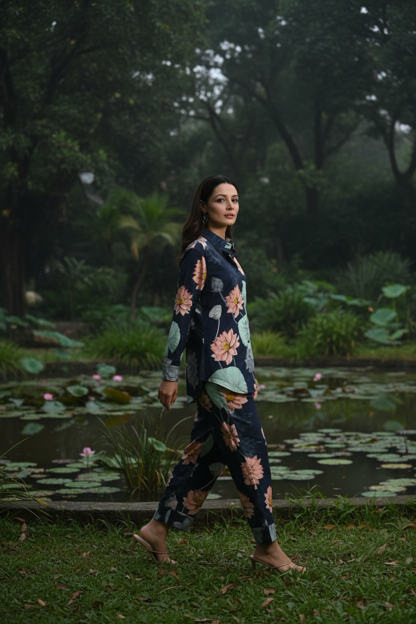 Navy lotus floral coord set - three-quarter angle