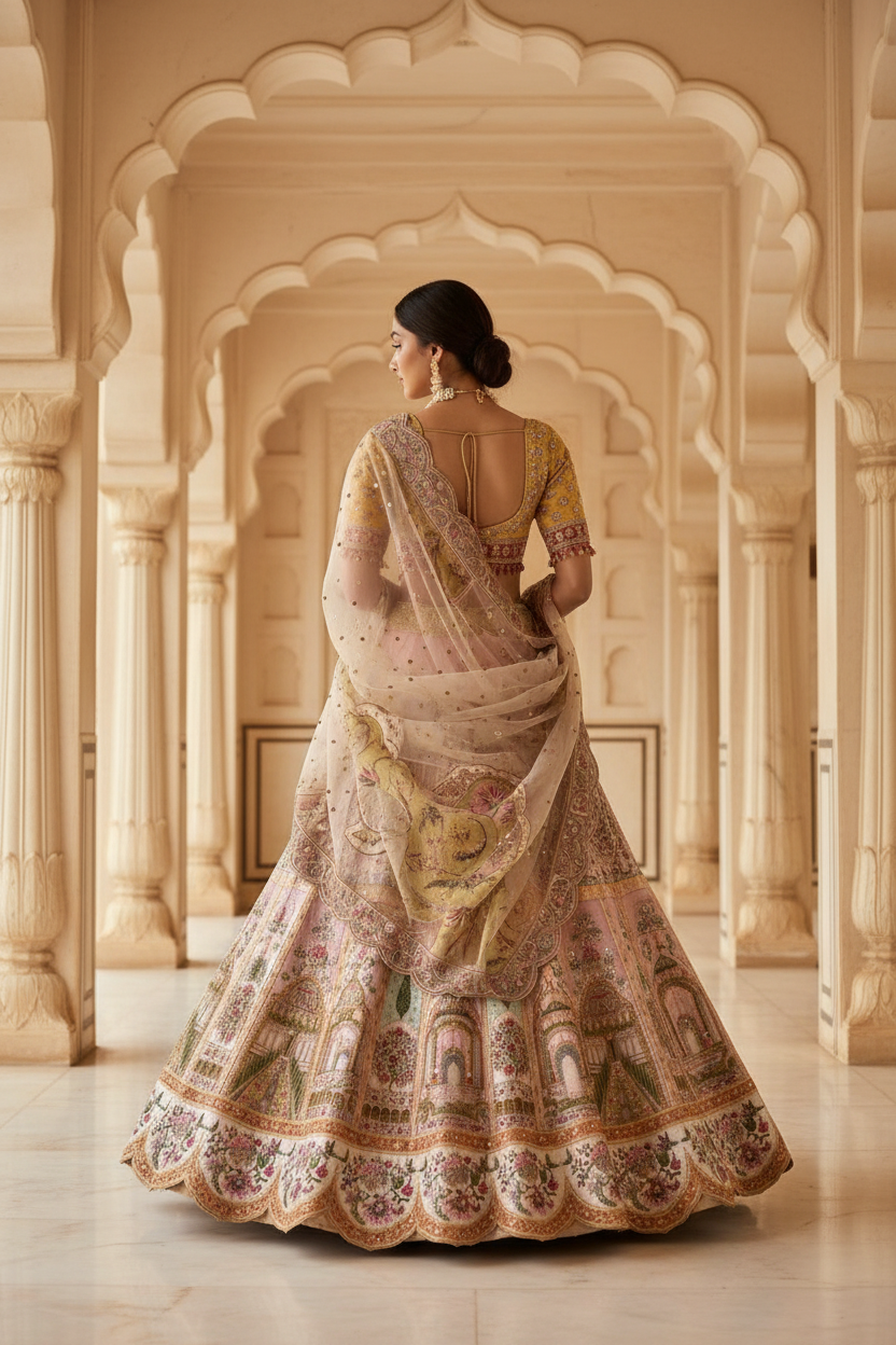 Blush pink Mughal lehenga - back pose