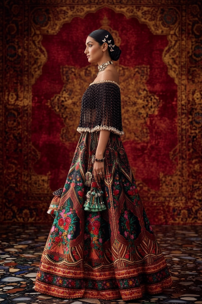 Dark floral fringe lehenga - side profile