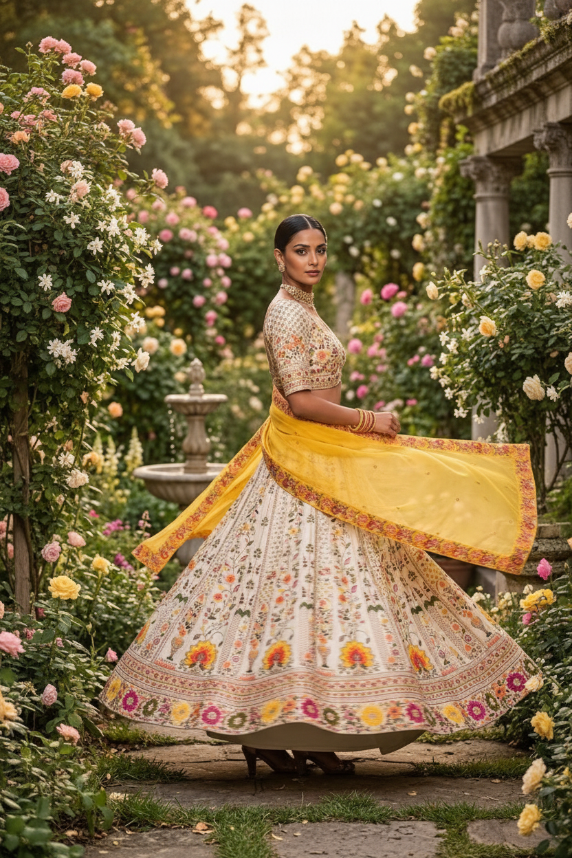Ivory yellow floral lehenga - twirl pose