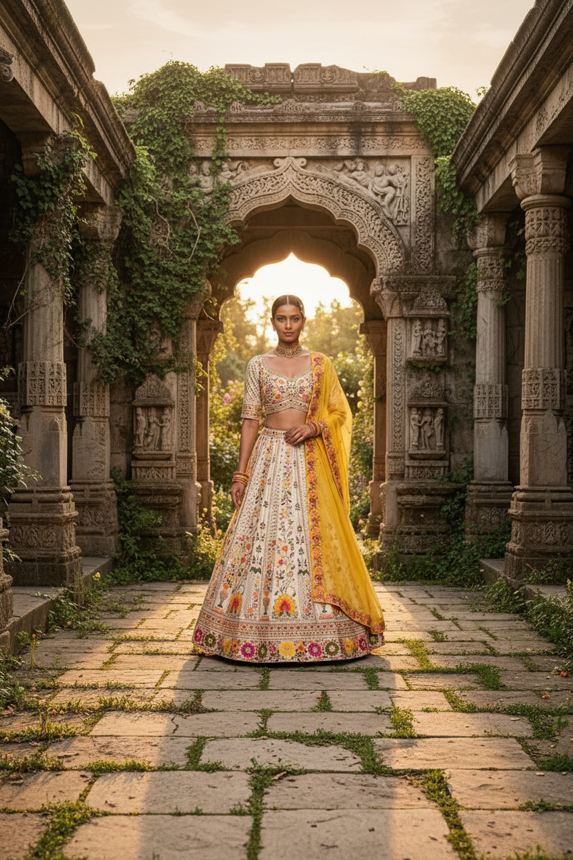 Ivory yellow floral lehenga - front pose