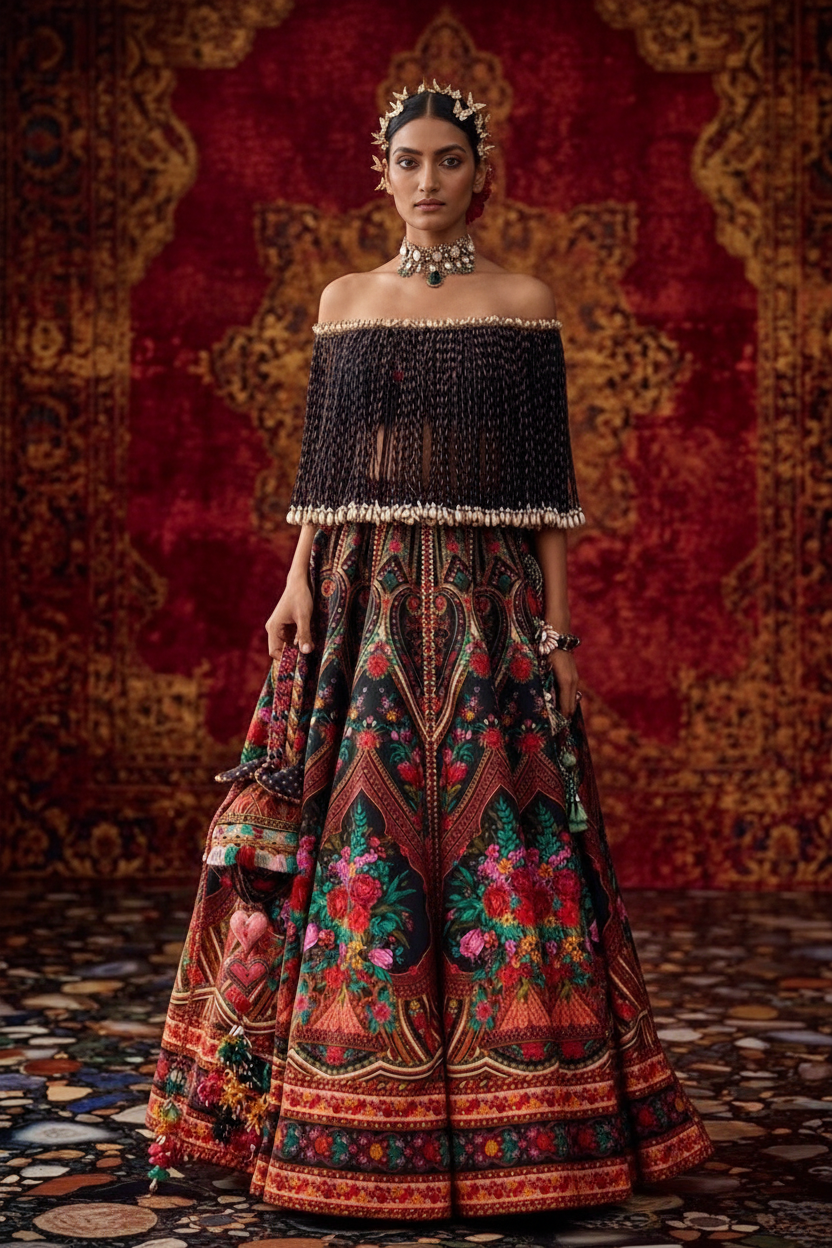 Dark floral fringe lehenga - front pose