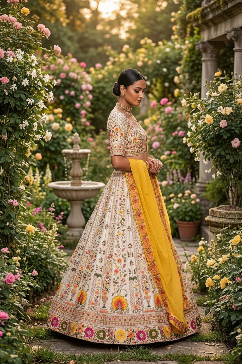 Ivory yellow floral lehenga - side profile