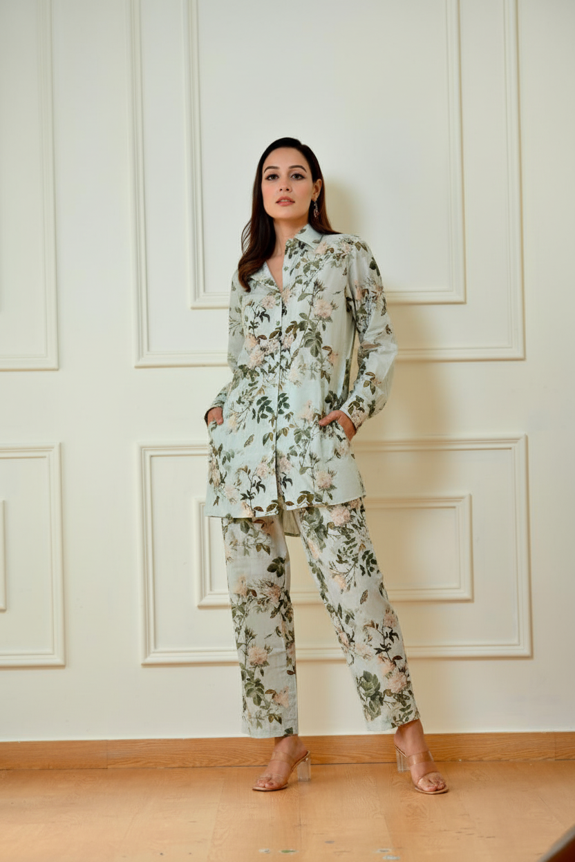 Mint green floral coord set - front pose