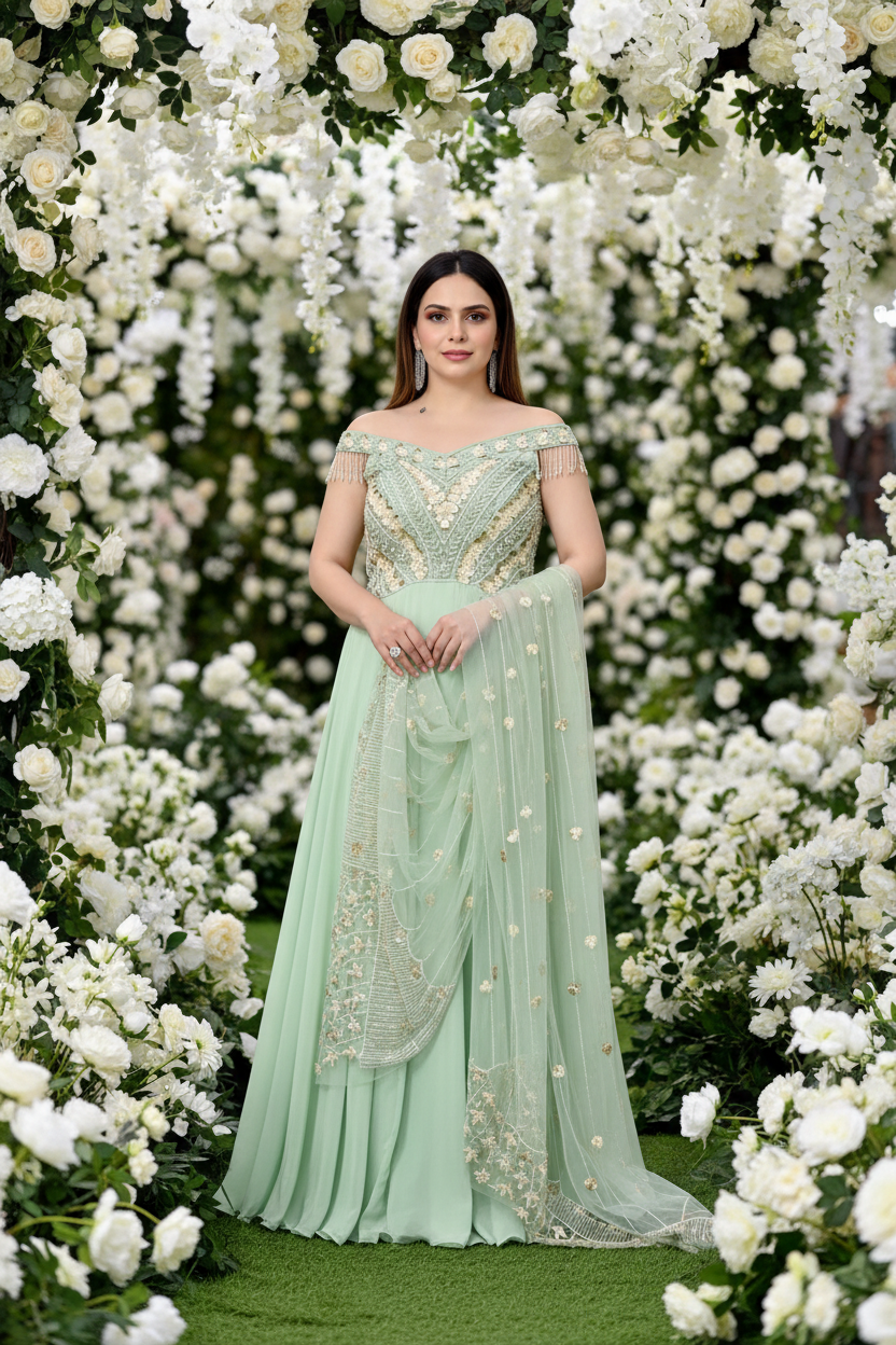 Mint green gown lehenga - front pose