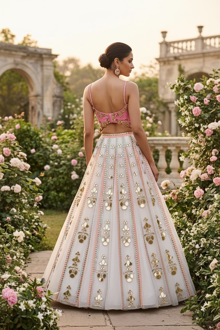 White pink mirror work lehenga - back pose