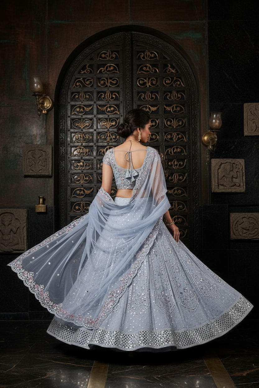Powder blue bridal lehenga - back pose