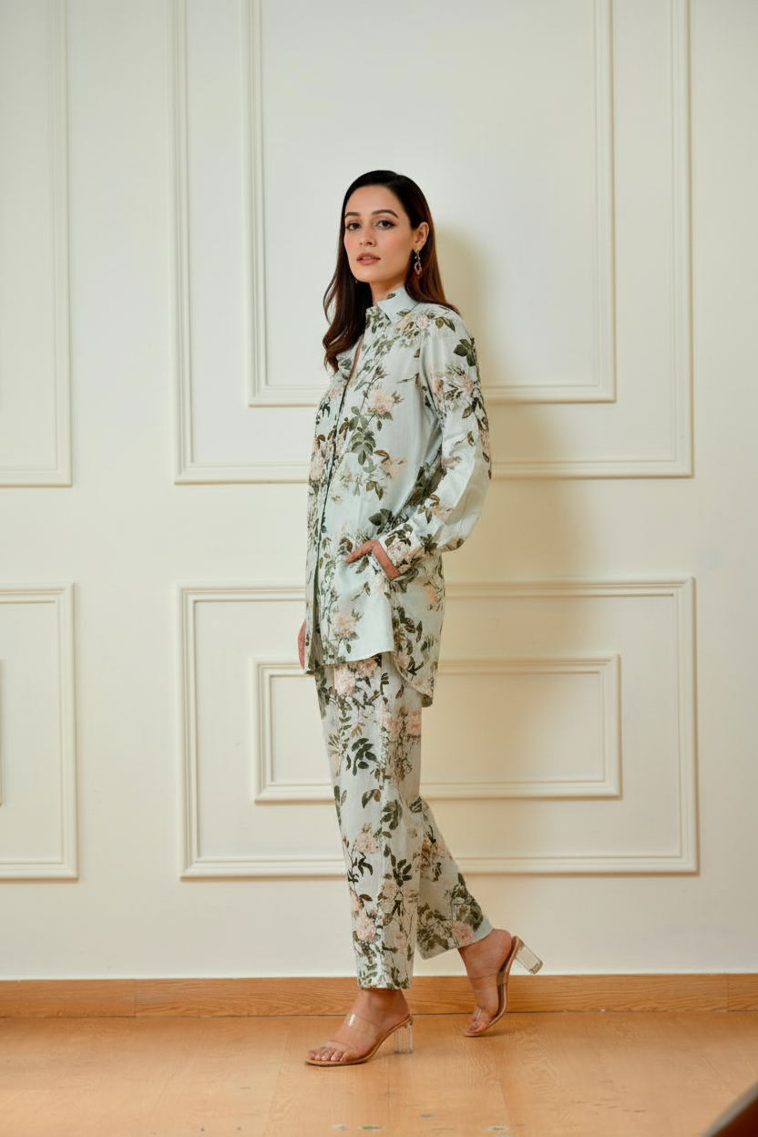 Mint green floral coord set - three-quarter angle