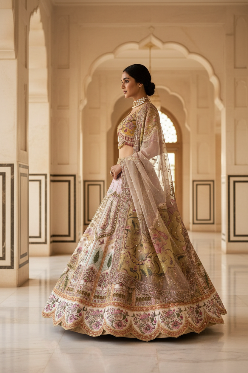 Blush pink Mughal lehenga - side profile