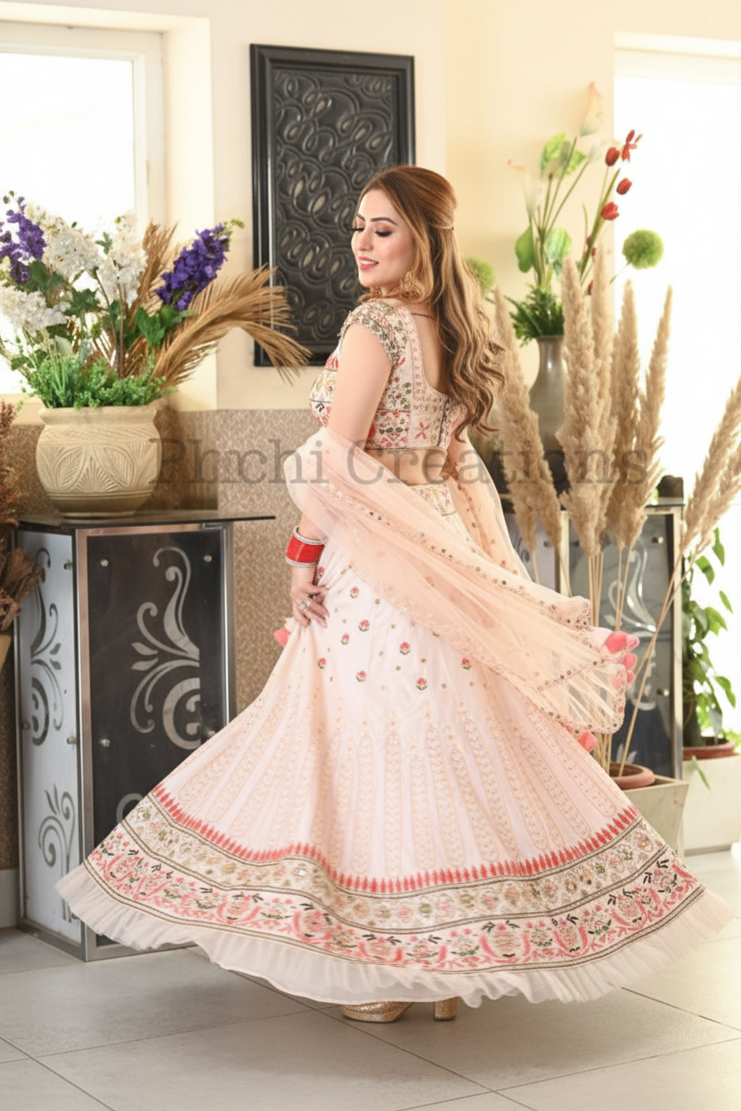 Ivory pink floral lehenga - twirl pose