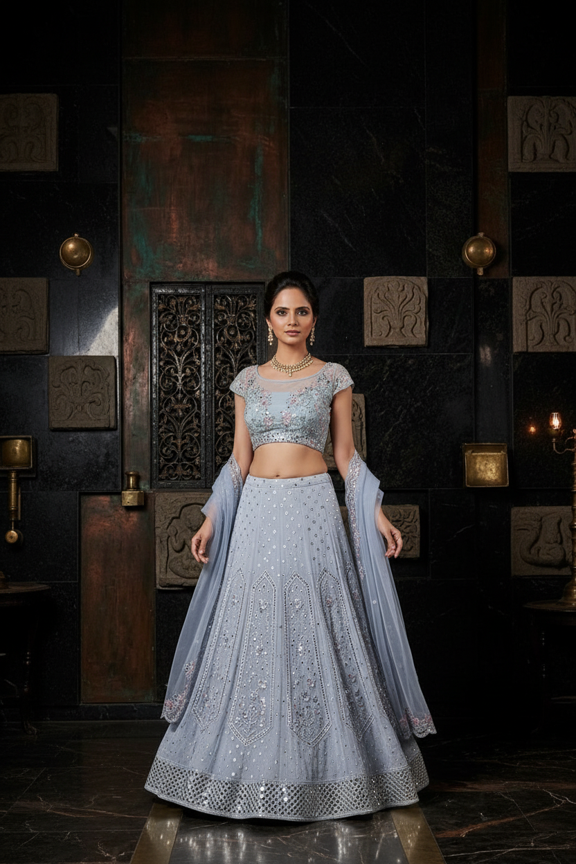 Powder blue bridal lehenga - front pose