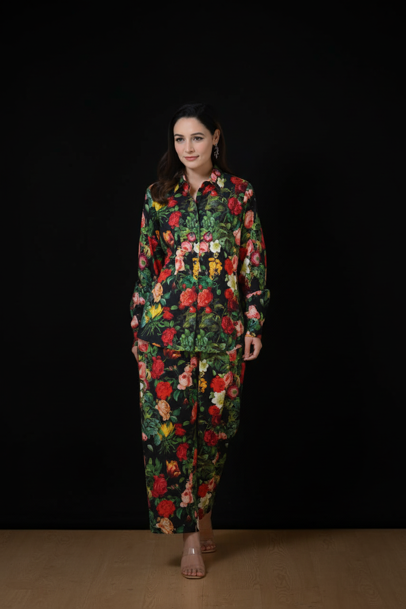 Dark floral coord set - front pose