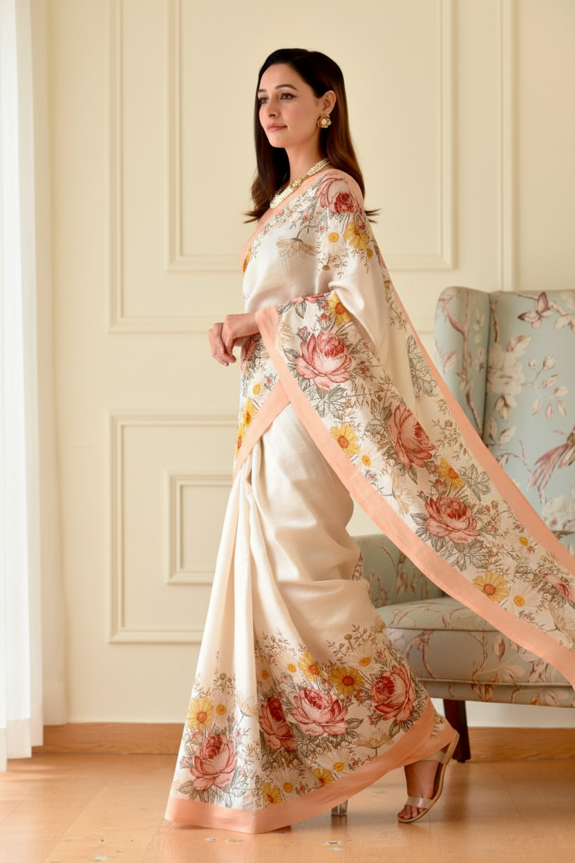 Floral printed saree - three-quarter angle