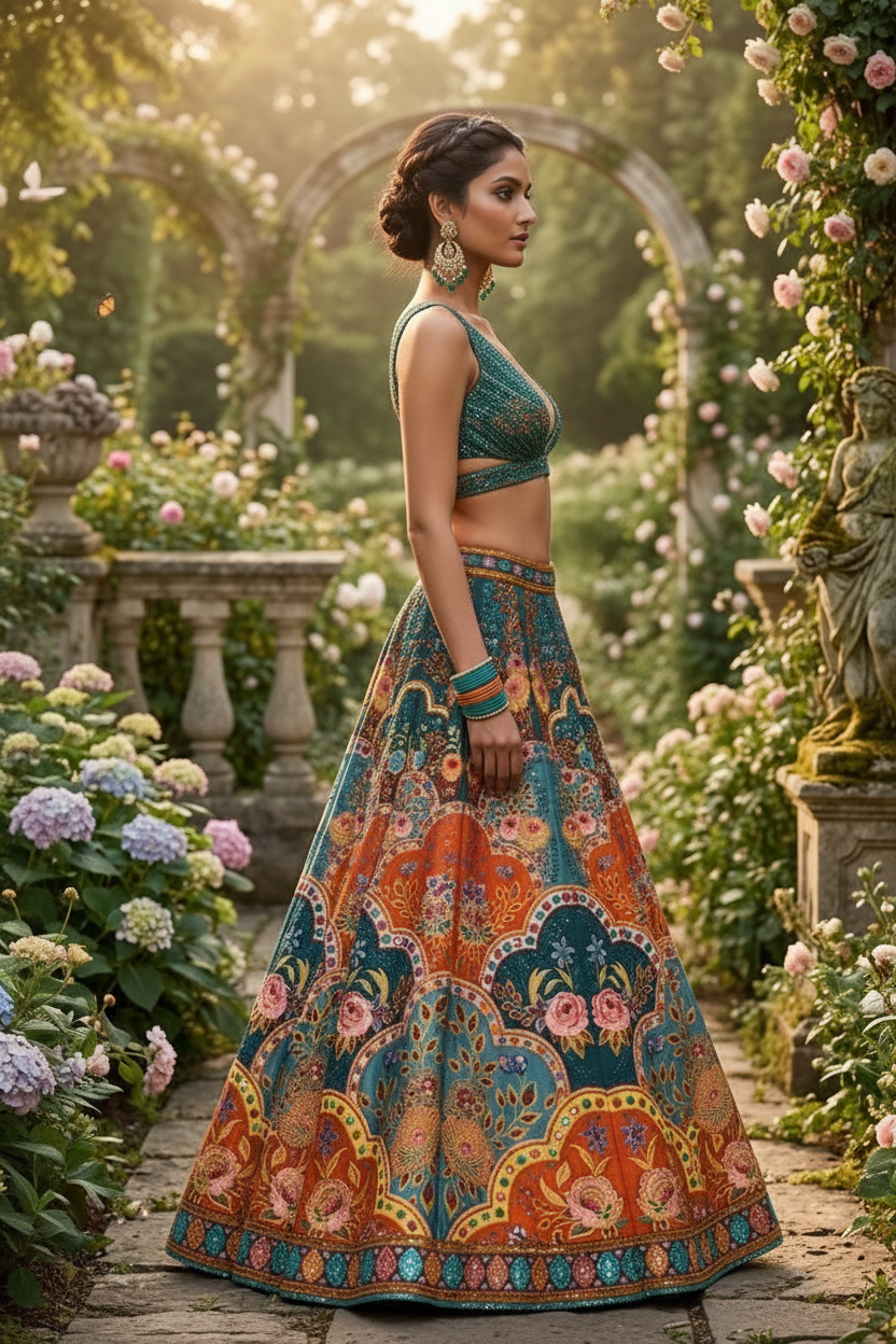 Teal orange floral lehenga - side profile