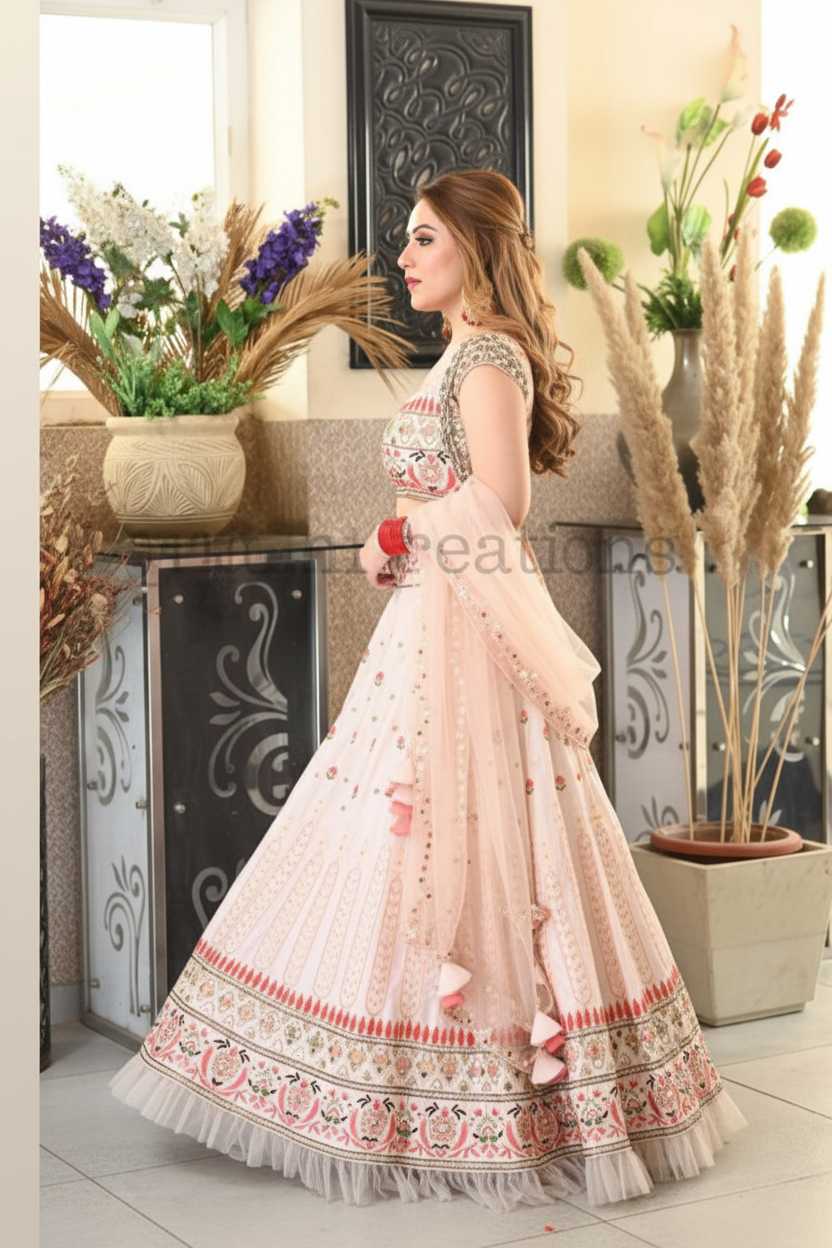 Ivory pink floral lehenga - side profile