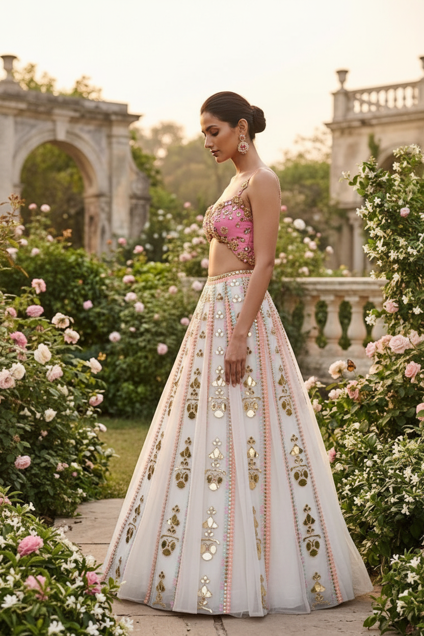 White pink mirror work lehenga - side profile