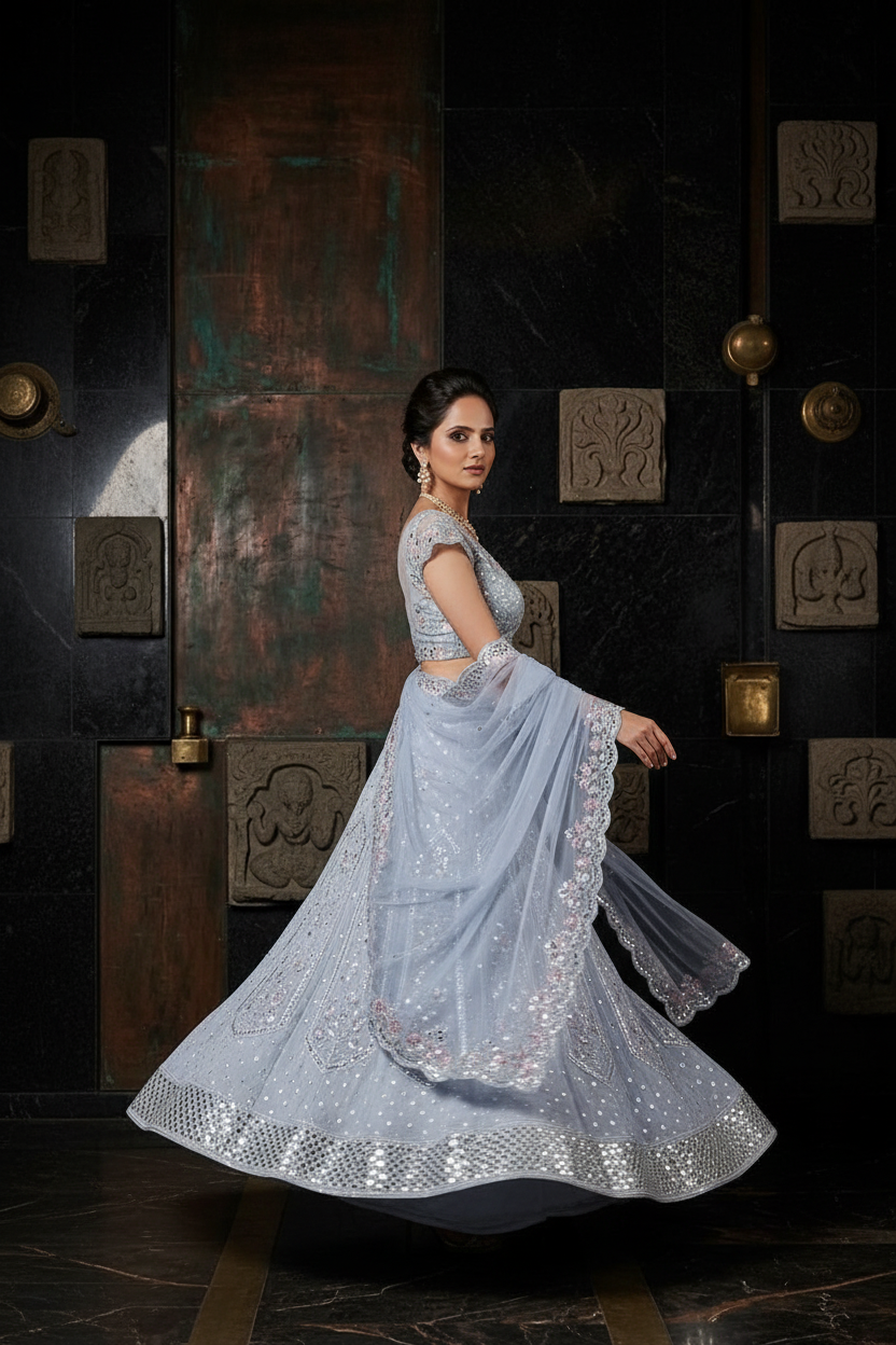 Powder blue bridal lehenga - twirl pose