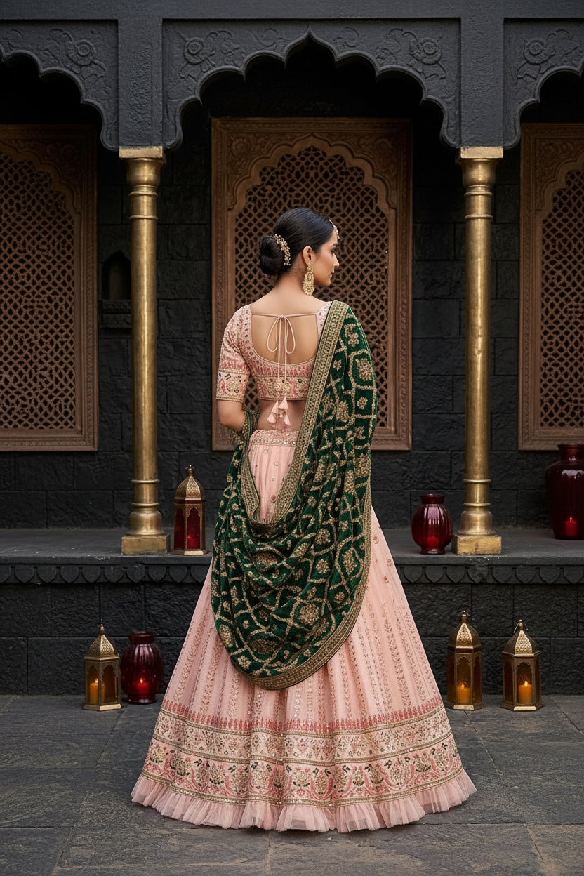 Blush pink bridal lehenga - back pose