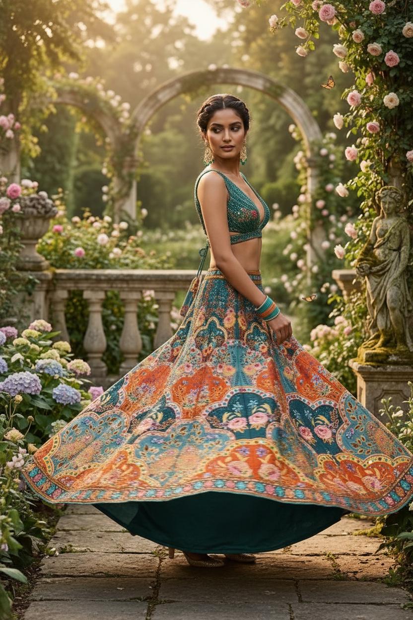 Teal orange floral lehenga - twirl pose