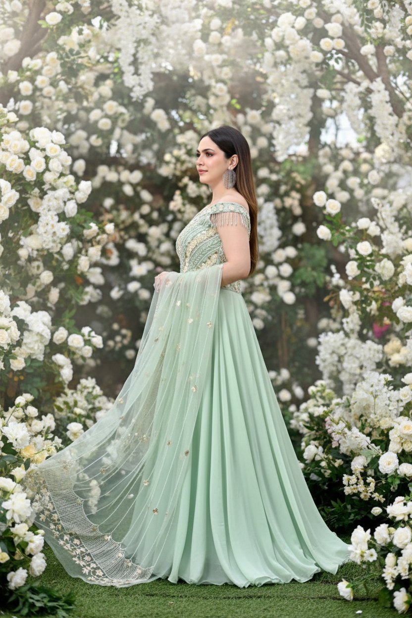 Mint green gown lehenga - side profile