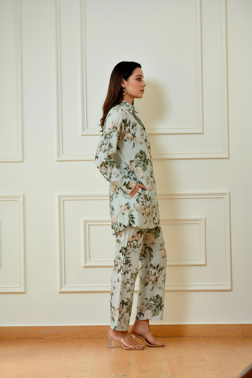 Mint green floral coord set - side profile
