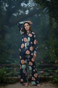 Navy lotus floral coord set - front pose