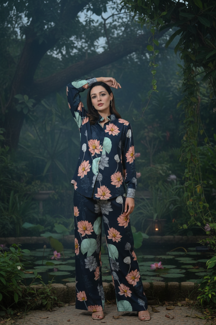 Navy lotus floral coord set - front pose