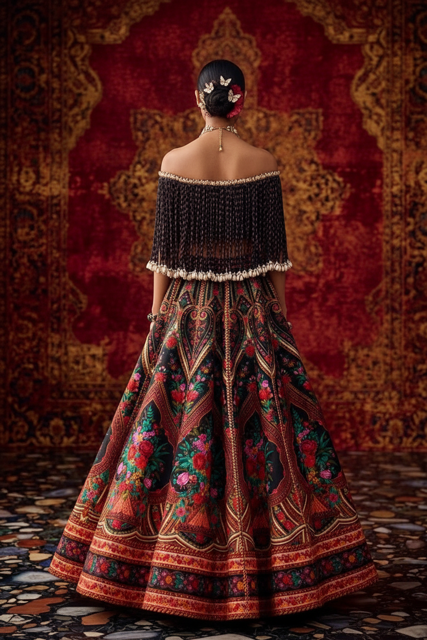 Dark floral fringe lehenga - back pose