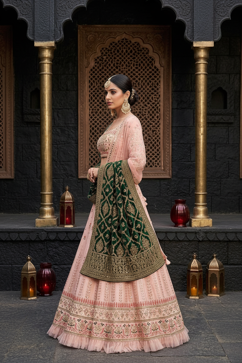 Blush pink bridal lehenga - side profile