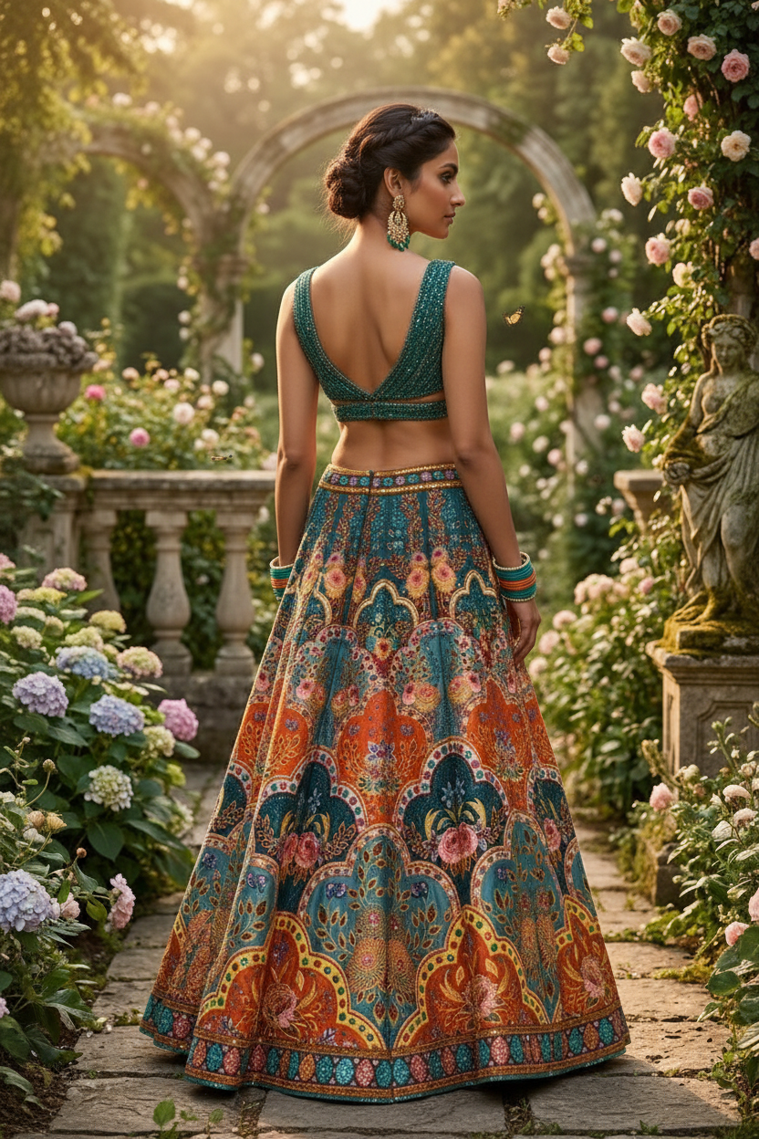 Teal orange floral lehenga - back pose