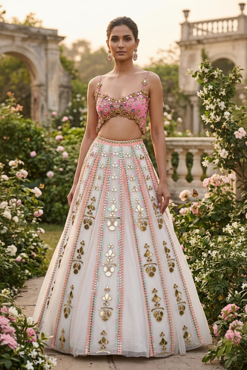 White pink mirror work lehenga - front pose