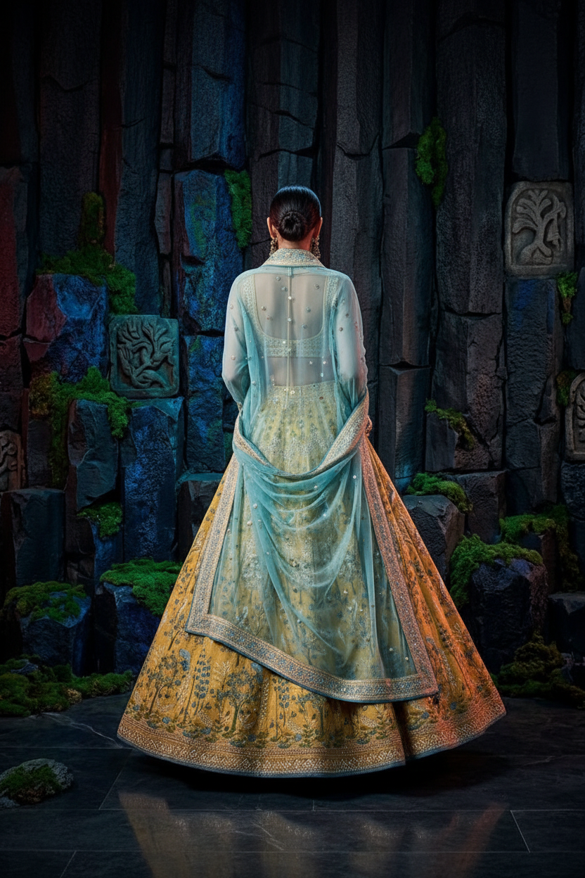 Golden yellow bridal lehenga - back pose