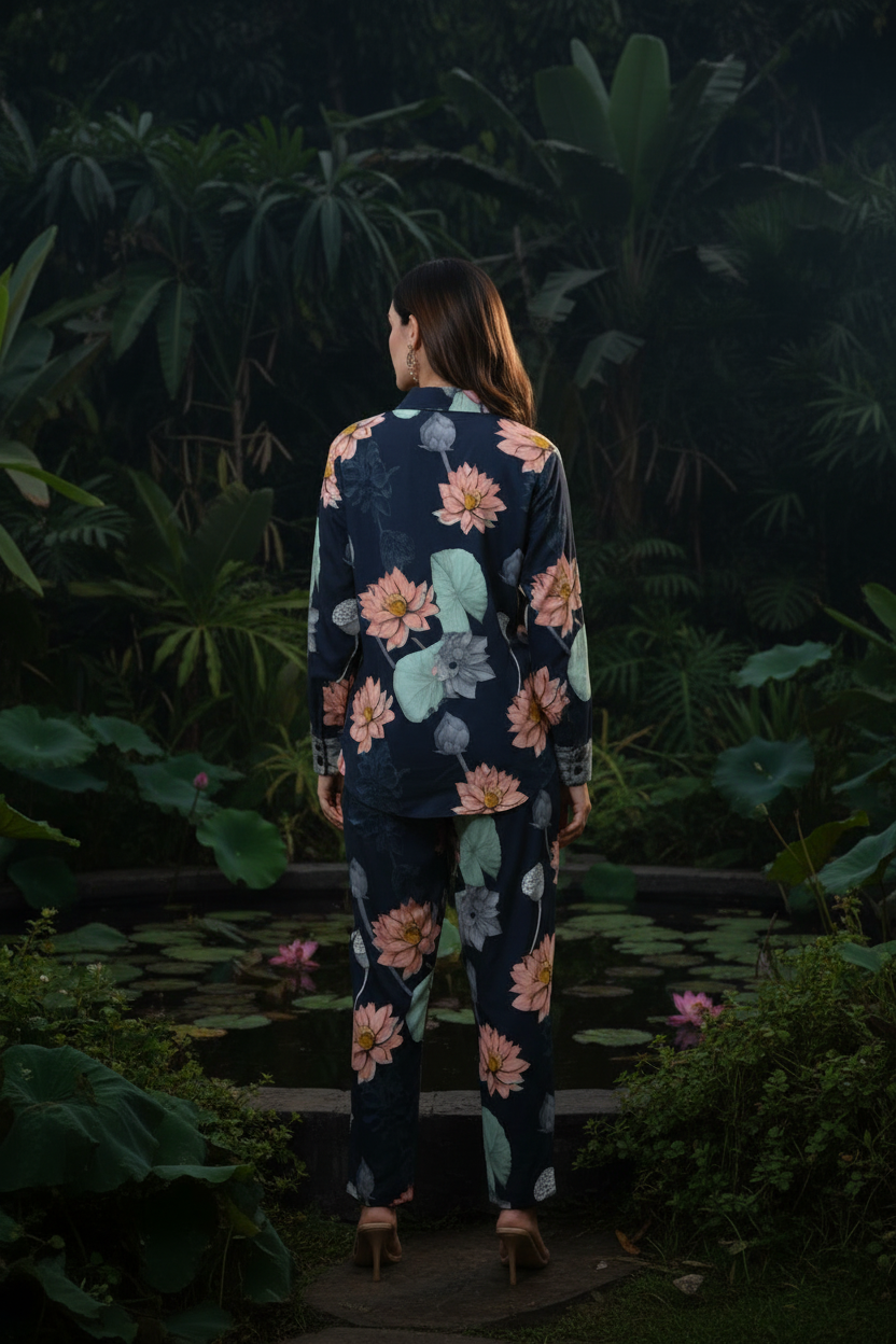 Navy lotus floral coord set - back pose