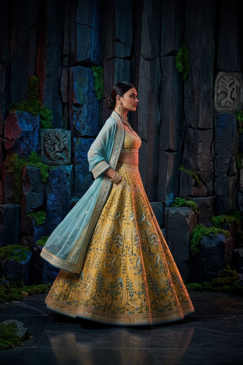 Golden yellow bridal lehenga - side profile