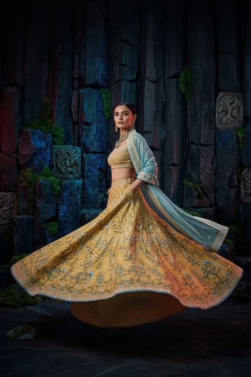 Golden yellow bridal lehenga - twirl pose