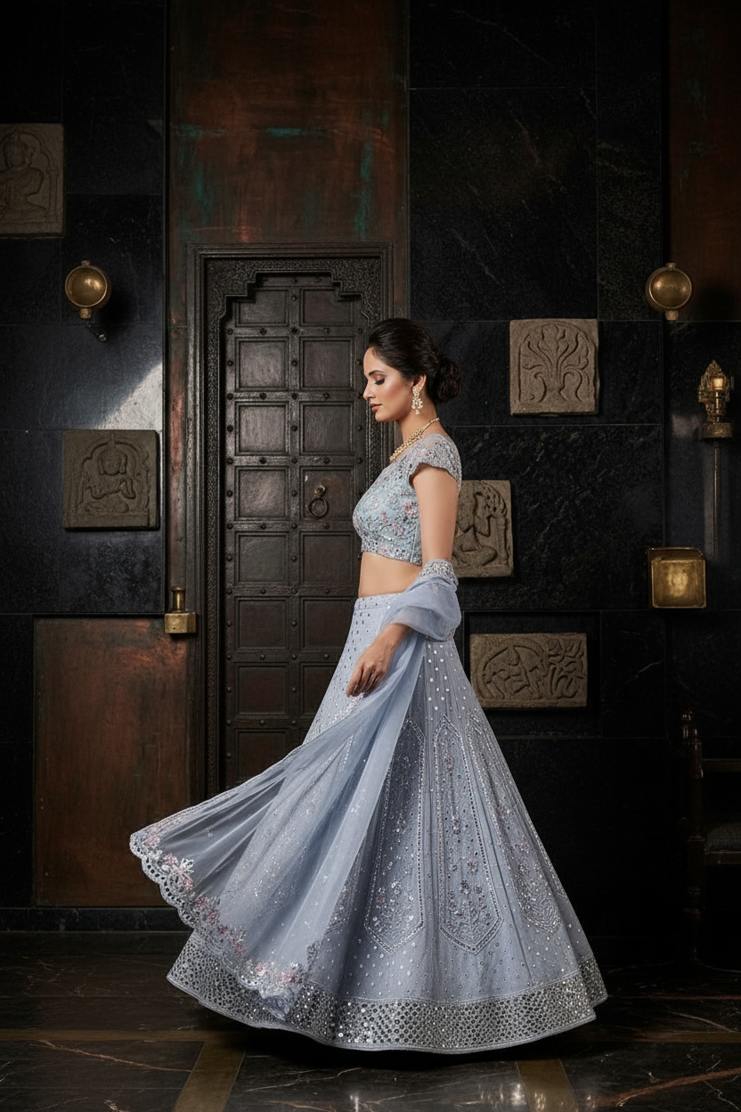 Powder blue bridal lehenga - side profile